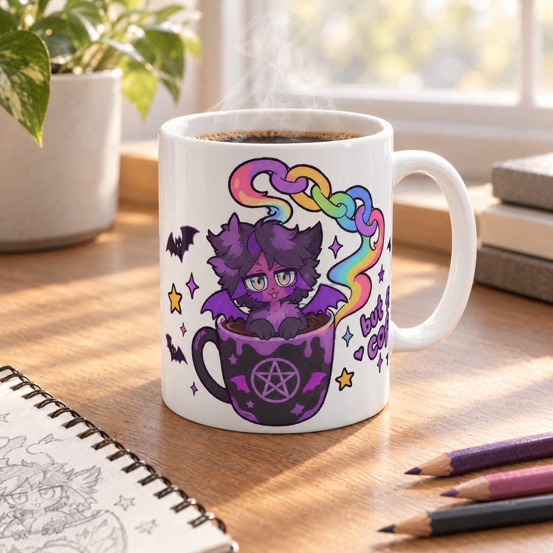But First, Coffee Mug with coffee on a desk next to a sketchbook