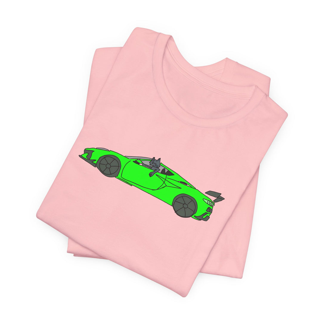 Woke Up in My New Supercar Tee – Cat in a Green Sports Car T-Shirt