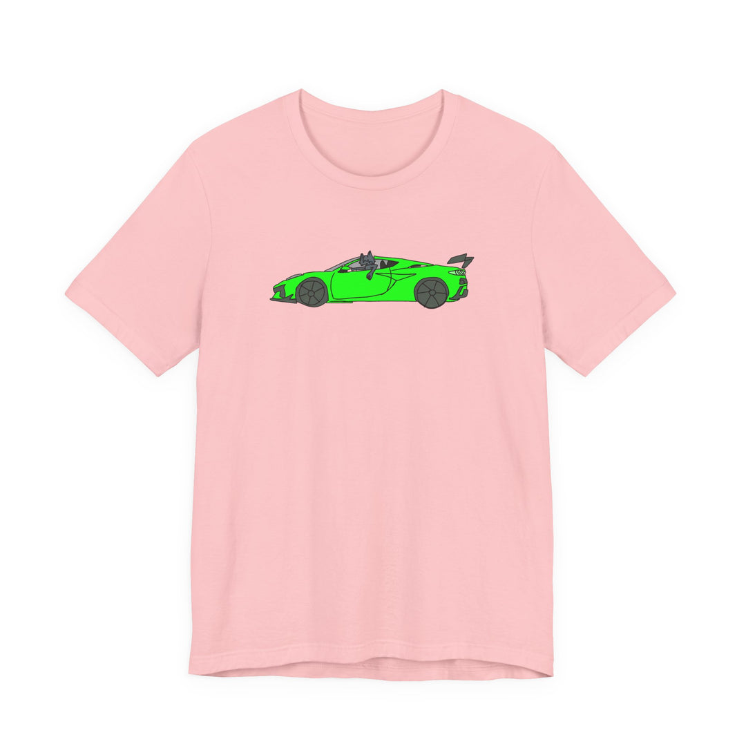 Woke Up in My New Supercar Tee – Cat in a Green Sports Car T-Shirt