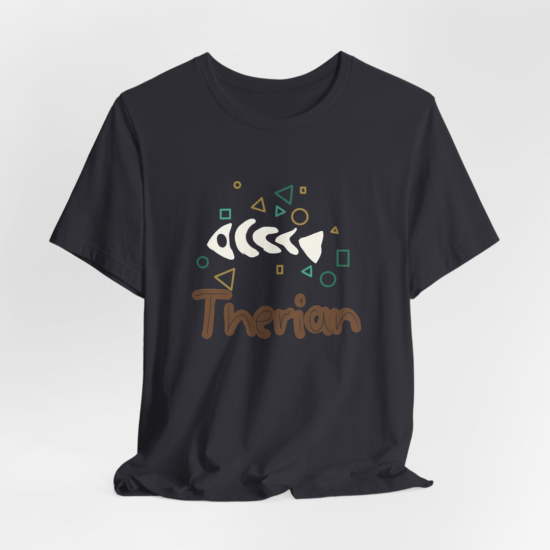 Therian Fish Bone T-Shirt – Geometrisches Fischskelett mit Schriftzug