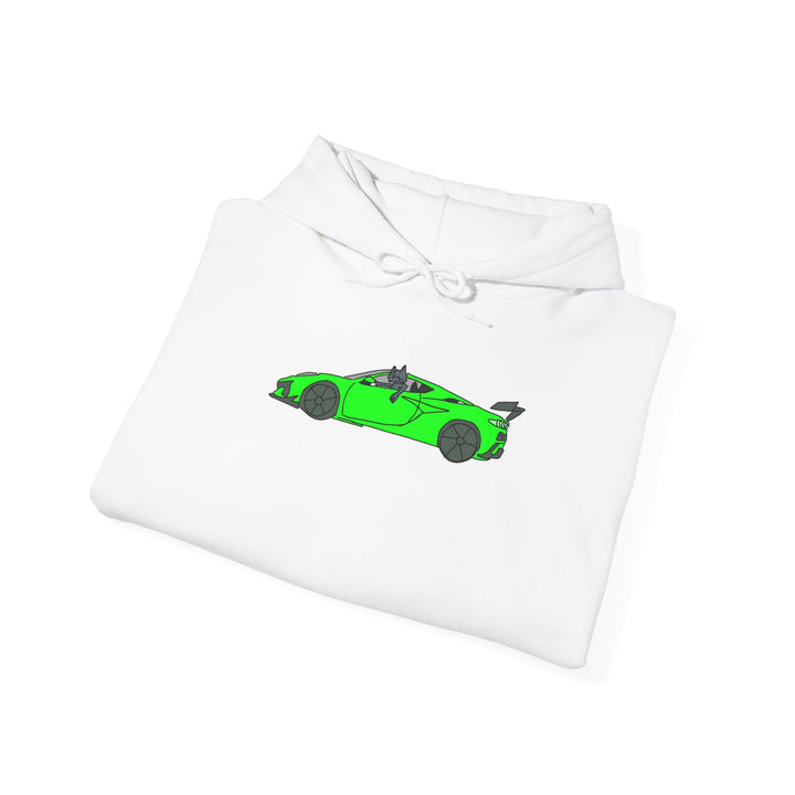 Woke Up in My New Supercar Hoodie – Katze im grünen Sportwagen