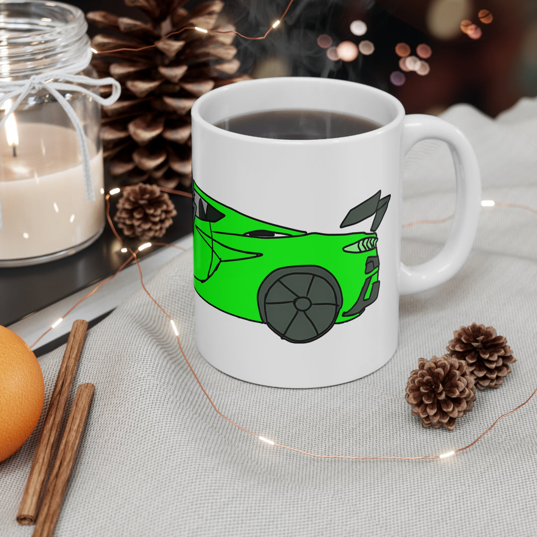 Woke Up in My New Supercar Tasse – Katze im grünen Sportwagen, Kaffeebecher 0,33 l