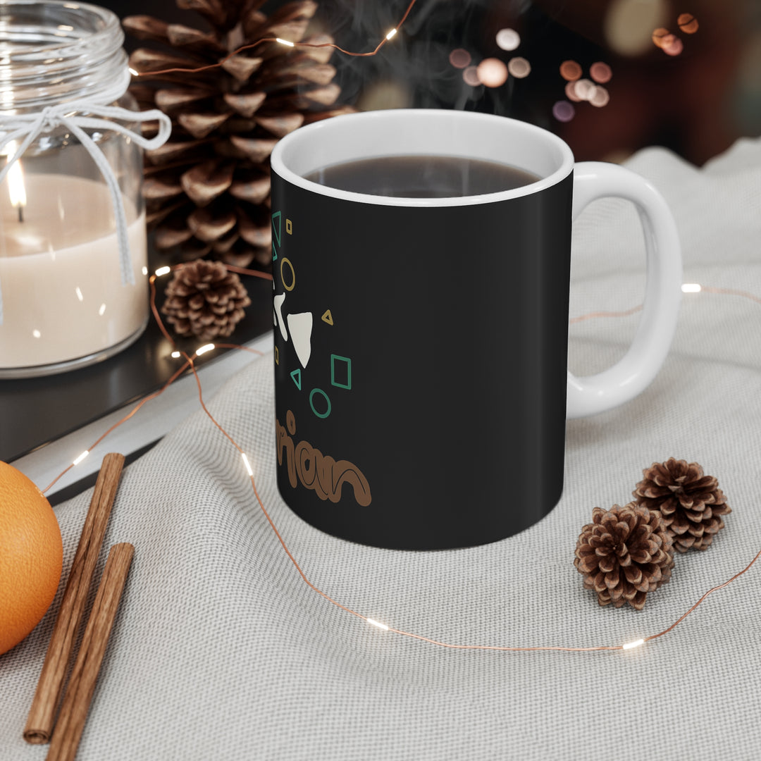 Therian Fish Bone Tasse – Geometrisches Fischskelett mit Schriftzug, Kaffeebecher 0,33 l