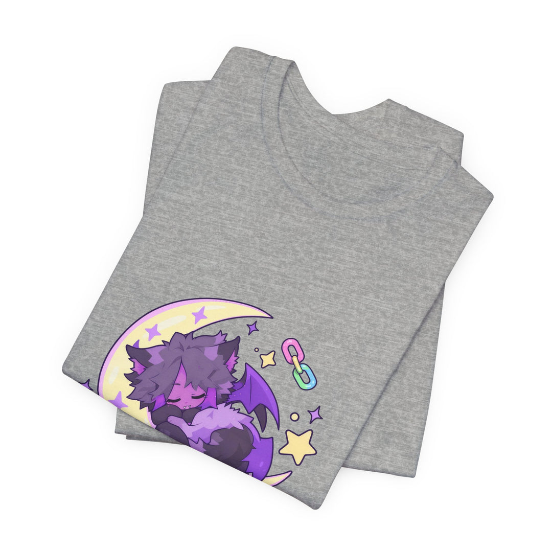 Stay Weird T-Shirt – Schlafendes Fledermaus-Kätzchen auf dem Mond, Pastell