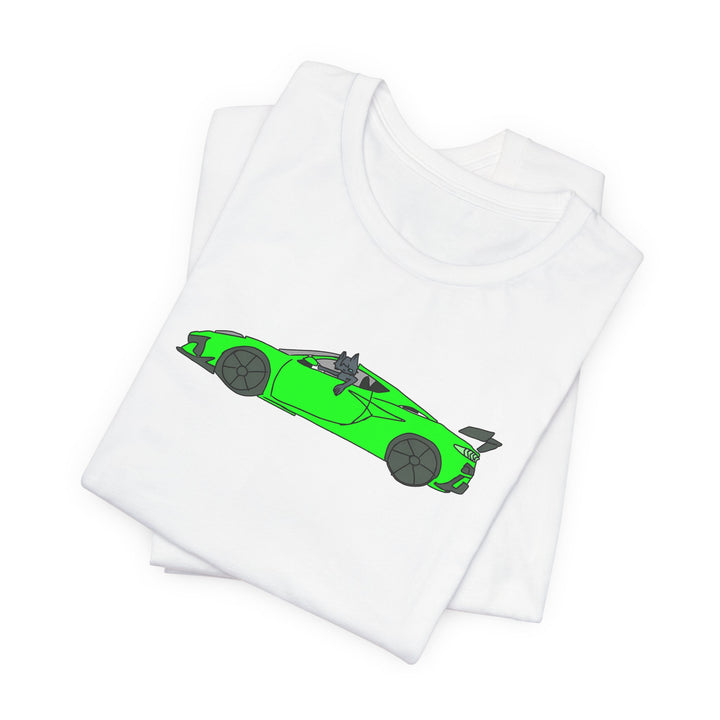 Woke Up in My New Supercar Tee – Cat in a Green Sports Car T-Shirt