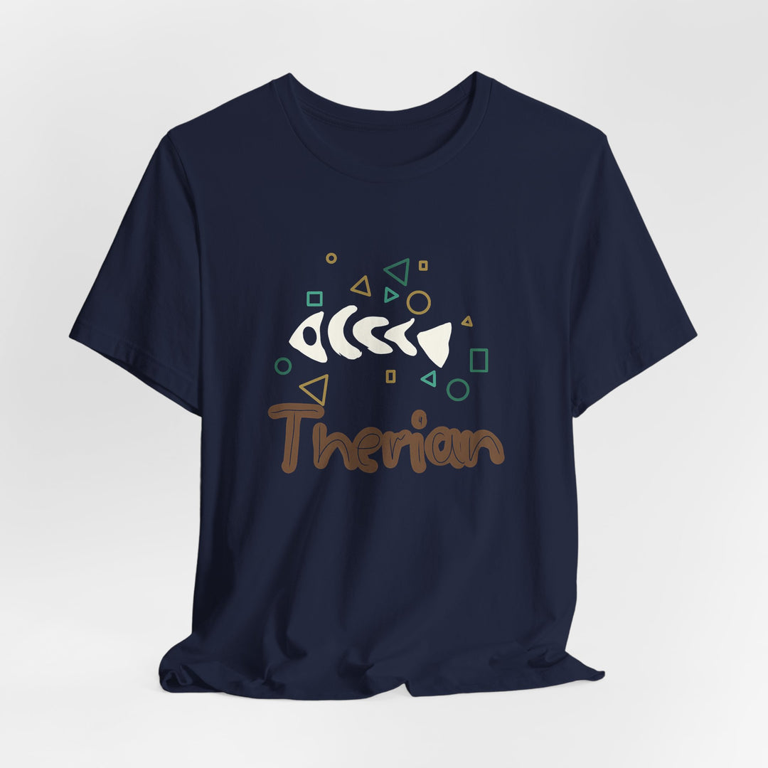Therian Fish Bone T-Shirt – Geometrisches Fischskelett mit Schriftzug
