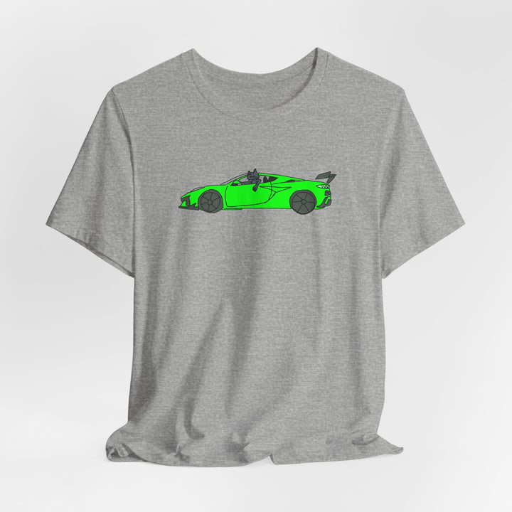 Woke Up in My New Supercar Tee – Cat in a Green Sports Car T-Shirt