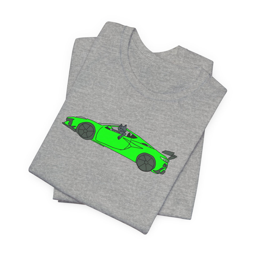 Woke Up in My New Supercar Tee – Cat in a Green Sports Car T-Shirt