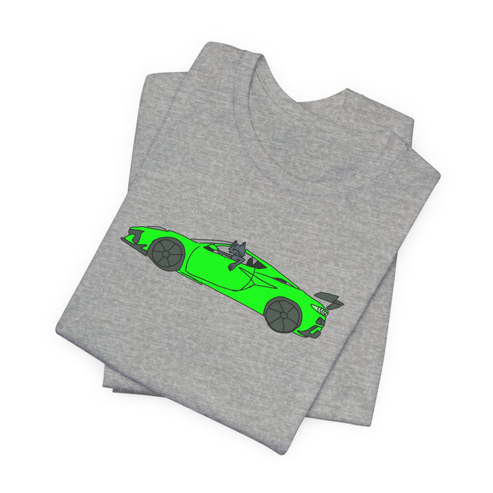 Woke Up in My New Supercar Tee – Cat in a Green Sports Car T-Shirt