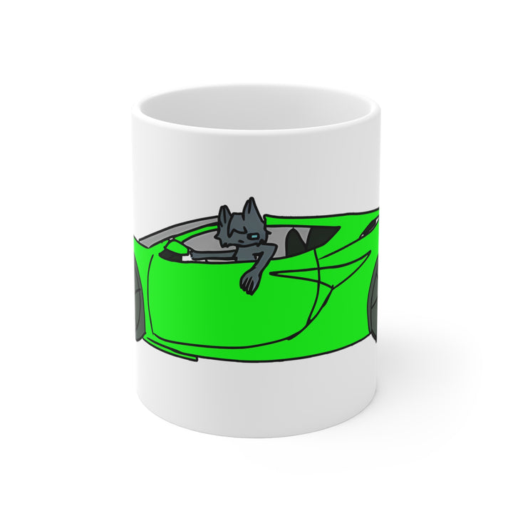Woke Up in My New Supercar Tasse – Katze im grünen Sportwagen, Kaffeebecher 0,33 l
