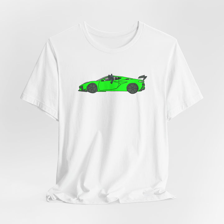 Woke Up in My New Supercar Tee – Cat in a Green Sports Car T-Shirt