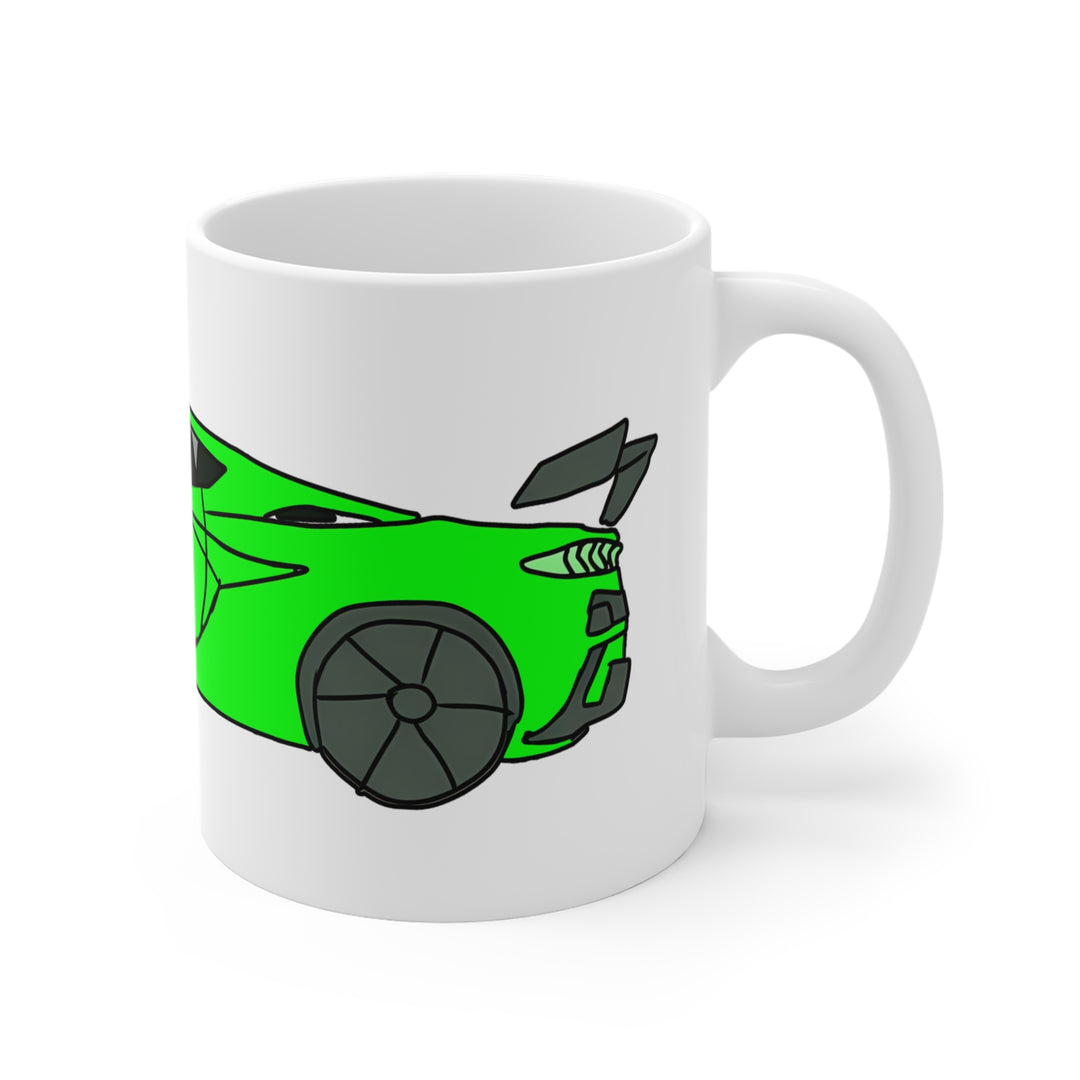 Woke Up in My New Supercar Tasse – Katze im grünen Sportwagen, Kaffeebecher 0,33 l