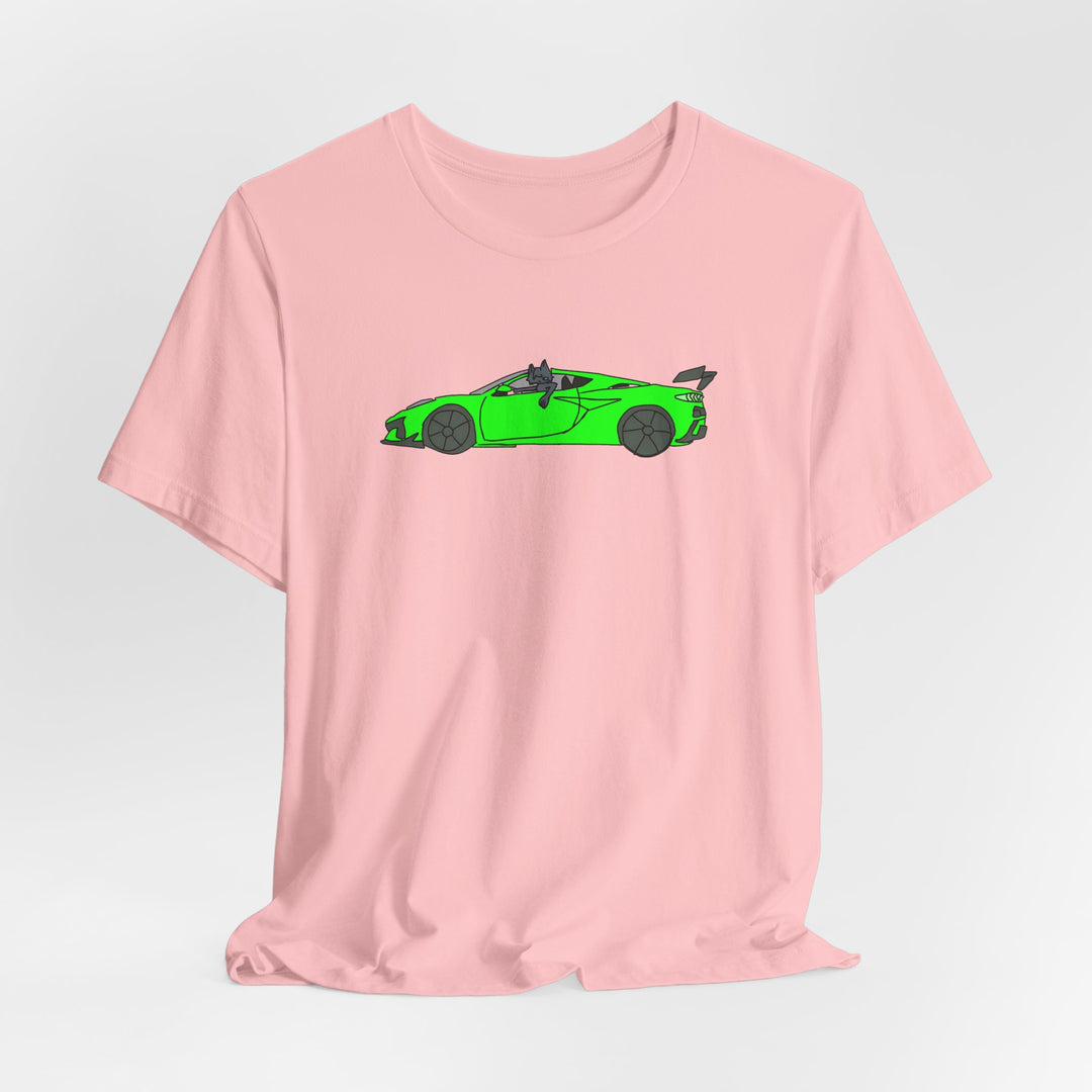 Woke Up in My New Supercar Tee – Cat in a Green Sports Car T-Shirt