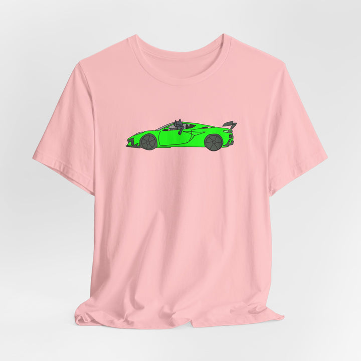Woke Up in My New Supercar Tee – Cat in a Green Sports Car T-Shirt