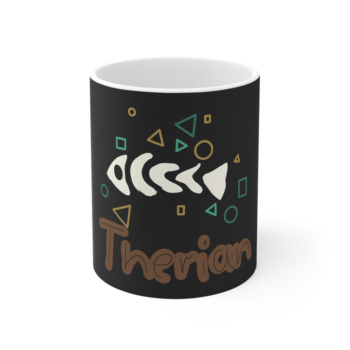 Therian Fish Bone Tasse – Geometrisches Fischskelett mit Schriftzug, Kaffeebecher 0,33 l