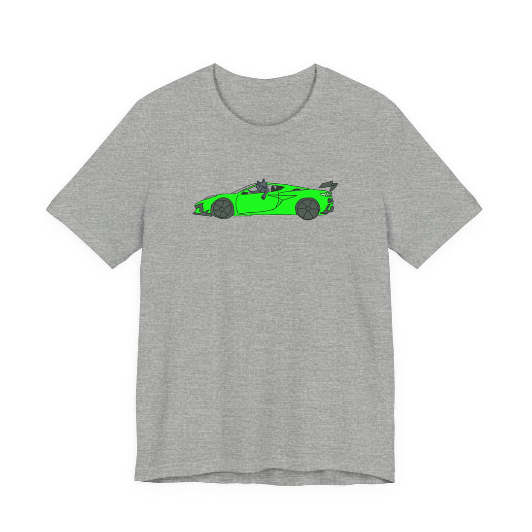 Woke Up in My New Supercar Tee – Cat in a Green Sports Car T-Shirt