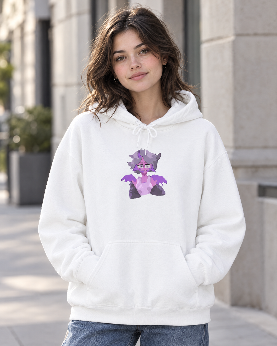 Woman wearing the white Purple Demon Cat Hoodie on a city street